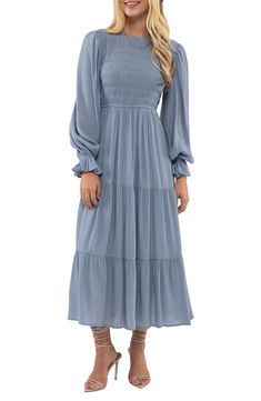 A long-sleeve midi dress offers charming style for any occasion with a smocked bodice, ruffled cuffs and flowy tiered silhouette. 50 1/2" length Back keyhole with button-and-loop closure Crewneck Long sleeves Lined 80% rayon, 20% nylon Hand wash, dry flat Imported Model stats: 5'10" height, 32" bust, 25" waist, 36" hip. Model is wearing size Small. Asian Owned/Founded Modest Clothing Christian, Winter Church Dresses, Long Sleeve Blush Dress, Blue Dress Long Sleeve, Modest Bridesmaid Dresses, Blue Maxi Dress, Church Dresses, Daytime Dresses, Blush Dresses