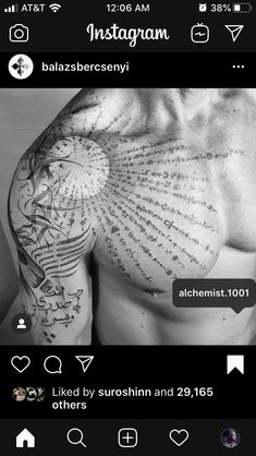 the back of a man's chest with many words on it, and an instagram