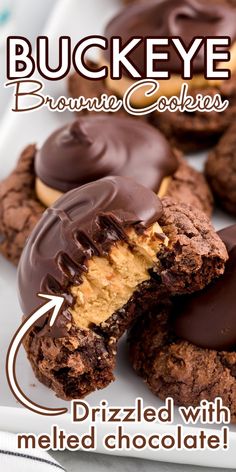 chocolate covered cookies are on a plate with the words, buckeye brownie cookies