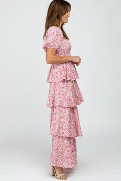 Pink Floral Square Neck Ruffle Layered Maxi Dress Modest Pink Prom Dresses, Floral Print Chiffon Maxi Dress, Layered Maxi Dress, Pink Flower Dress, Cute Formal Dresses, Print Chiffon Maxi Dress, Elastic Top, Floral Print Chiffon, Prom Dresses Modest