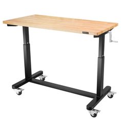 a wooden table with two wheels on the bottom and one leg raised up to it's side