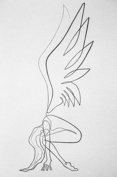 a black and white drawing of a bird with wings