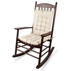 a wooden rocking chair with a cushion on it's back and seat padding