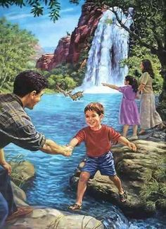 a painting of two children playing in front of a waterfall with their parents and dad