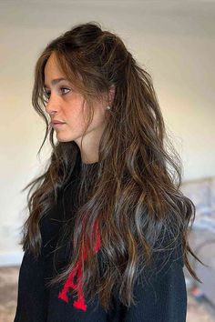 Laid-back cowgirl with a messy half updo and face-framing pieces Face Framing Hairstyles Updo, Soft Layers With Face Framing Pieces, Face Framing Long Wavy Hair, Face Framing Long Haircut, Face Framing In Ponytail, Face Framing For Wavy Hair, Layers In The Front Hair Face Framing, Face Framing Layers In A Ponytail, Face Framing Hair Pieces