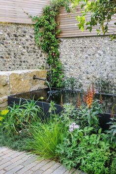 an outdoor water feature surrounded by plants and flowers in a garden area with stone walls