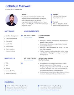 IT Project Manager Resume Template Visme It Project Manager, Project Manager Resume, Conflict Management, Web Project, Financial Information, Project Plans, Project Manager, Soft Skills