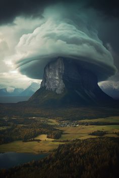 an unusual cloud formation over a mountain in the middle of autumn, as seen from above