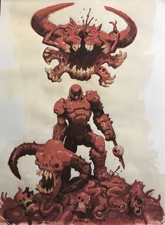 an image of a demonic creature with horns and claws on it's head, surrounded by smaller demon like creatures