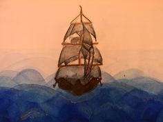 a drawing of a sailboat floating in the middle of blue water with an orange sky behind it