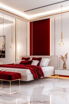 a modern bedroom with red and white decor