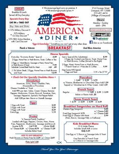 the american diner menu for breakfast is shown in red, white, and blue colors