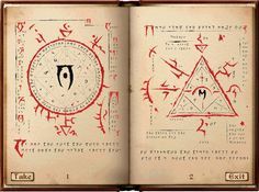 an open book with symbols and numbers on the pages, including two circles in red ink