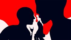 the silhouette of a man and woman in front of a red, black and white background