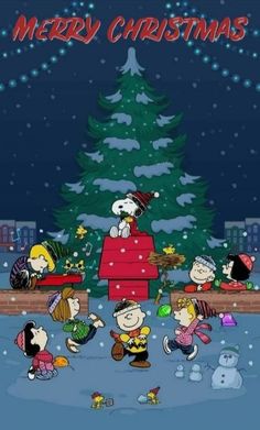 the peanuts gang in front of a christmas tree with snoop and friends around it, all dressed