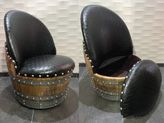 two pictures of a chair made out of wood and leather with metal studs on the back