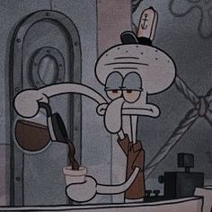 a cartoon character holding a cup in his hand