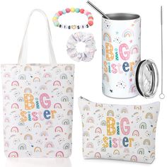 PRICES MAY VARY. Big Sister Gift Set: the package comes with 5 big sister gifts ideal for expressing your love for your big sister, including 1 big sister stainless steel tumbler with a straw and brush, 1 rainbow canvas makeup bag, 1 tote bag, 1 cute scrunchie, 1 big sister bracelet; This nice combination is not only functional, but also showcases a thematic unity that can strengthen the bond between siblings Big Sister Stainless Steel Tumbler: our big sister tumbler cup is made primarily of sta Big Sister Survival Kit Ideas, Big Sister Bracelet, Little Sister Gifts, Rainbow Canvas, Big Sister Gifts, Canvas Makeup Bag, Sister Bracelet, Makeup Items, Rainbow Design