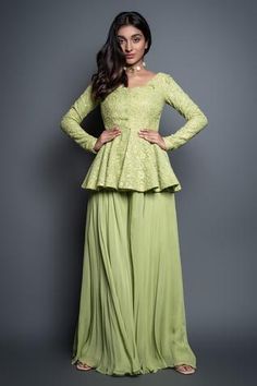 Shop for Shahmeen Husain Green Chikankari Embroidered Peplum Tunic And Palazzo Set for Women Online at Aza Fashions Gaun Peplum, Peplum Top Outfits, Sharara Designs, Flared Palazzo, Cutwork Blouse, Long Gown Design, Anarkali Dress Pattern, Gaun Fashion, Indian Gowns Dresses