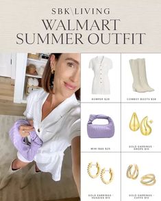 WALMART \ new summer outfit: linen romper, cowboy boots, mini purple bag and gold jewels! Country summer outfit, shop my finds! | SBK Living Country Girl Style, Country Girls Outfits, Ranch Outfits, Country Summer Outfit, Country Summer, Country Boots, Purple Bag, Linen Romper, Outfit Shop