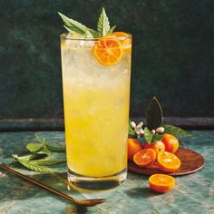 a tall glass filled with orange juice and garnish