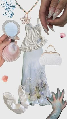 shell mirror beachy siren mermaid vibes ootd outfit with blue white lace shoes matching bag Ethereal Halloween, Thea Core, My Future Aesthetic, Siren Outfit, Siren Costume, Pastel Mermaid, Siren Aesthetic, Mermaid Summer, Siren Core