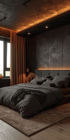 a large bed sitting next to a window in a room with wooden floors and walls