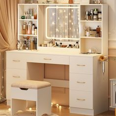 a white vanity with lights on it and a stool in front of the counter top