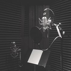 a black and white photo of a microphone in front of a recording studio door with shutters