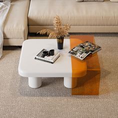 a living room with a couch, coffee table and books on the floor in front of it