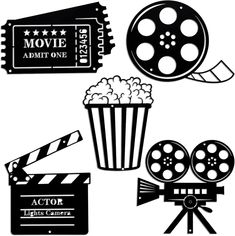 black and white silhouettes of movie related items such as popcorn, film reel, clapper, camera