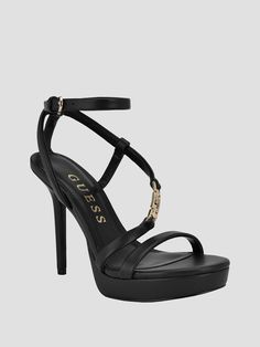 Faux-leather heels Strappy design with rhinestone embellished chain-link G logo Round toe Platform sole Stilleto heel Andkle strap with adjustable closure Material: Synthetic High Heels For Prom, Chain Logo, Heels Strappy, Guess Heels, Smell Goods, Black Platform Heels, Prom Heels, Designer High Heels, G Logo