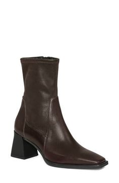 A square toe and flared block heel highlight the modern silhouette of this sophisticated leather boot with a stretchy feel. 2 3/4" heel 8 3/4" shaft Leather upper and lining/synthetic sole Imported Interview Shoes Women, Interview Shoes, Dark Brown Boots, Brown Suede Ankle Boots, Comfy Boot, Professional Shoes, Brown Suede Boots, Brown Booties, Leather Boot