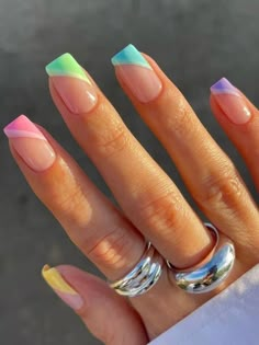 bright multi colored French tips Colored French Nails, Nail Spring, Nail 2024, Spring Rainbow, Summer Nails 2023, Spring Bright, Easter Nail, Summer Manicure