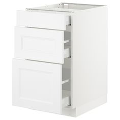 a white kitchen cabinet with two drawers and one door open to reveal the bottom drawer