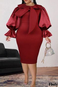 Fisdy - Clásico Vestido Rojo Sólido Patchwork Plus Size con Cuello en O y Mangas Largas Classy Office, Hot Jumpsuits, Banquet Dresses, Evening Dresses Plus Size, Red Dress Short, Bow Collar, Elegant Red, Black Midi, Patchwork Dress