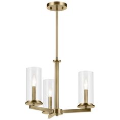 three light chandelier with clear glass shades on the bottom and gold metal frame