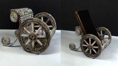 two photographs of an old fashioned device made out of books and magazines with wheels on each side