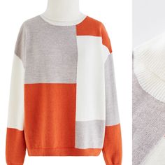 an orange and grey sweater is shown next to a white turtle - neck sweater with contrasting stripes