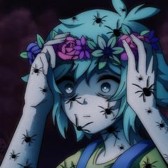 a girl with blue hair and flowers on her head holding her hands up to her face