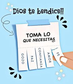 a hand holding a piece of paper that says, dios te bendice