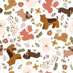 a pattern with dogs and flowers on a white background