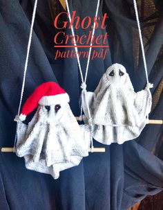 two white knitted ghost ornaments hanging from clothes pins with text overlay that says ghost crochet pattern pat