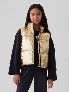 Kids Recycled Metallic Puffer Vest Vest Quilted, Sequin Vest, Girls Outerwear, Brand Collaboration, Support People, Gender Equality, Puffy Jacket, Gap Kids, Girl Coat