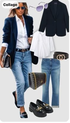 Penny Loafer Outfits Women Fall, Business Casual Blue Jeans, Early Fall Jeans Outfits, Blazer And Tee Shirt Outfit Women, Outfits With Denim Vests For Women, Edgy Fashion For Over 50, Fall Blazer Outfits 2024, J Crew Lady Jacket Outfit, Fall Styles For Women Over 40