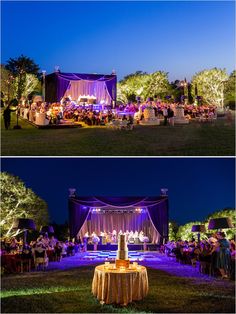 an outdoor wedding reception with purple lighting