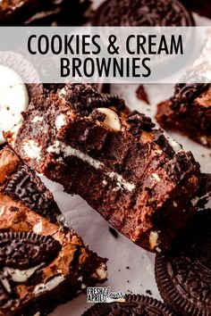 oreo cookies and cream brownies are stacked on top of each other, with the title