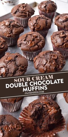 chocolate muffins on a baking sheet with text overlay that reads sour cream double chocolate muffins