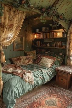 a bed sitting in the middle of a bedroom next to a book shelf filled with books