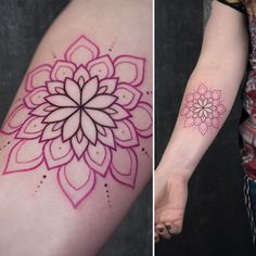 two pictures one with a tattoo and the other with a flower on it's arm